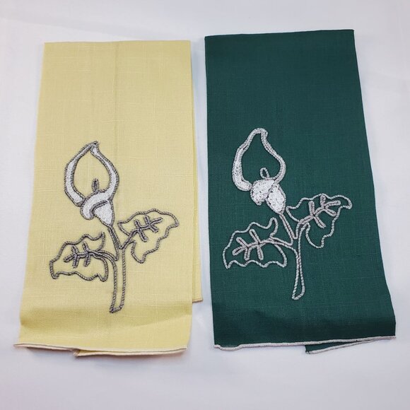 Vintage Calla lily flower Linen Embroidered Tea Towels Yellow & Green Set Of 2 - Picture 10 of 10